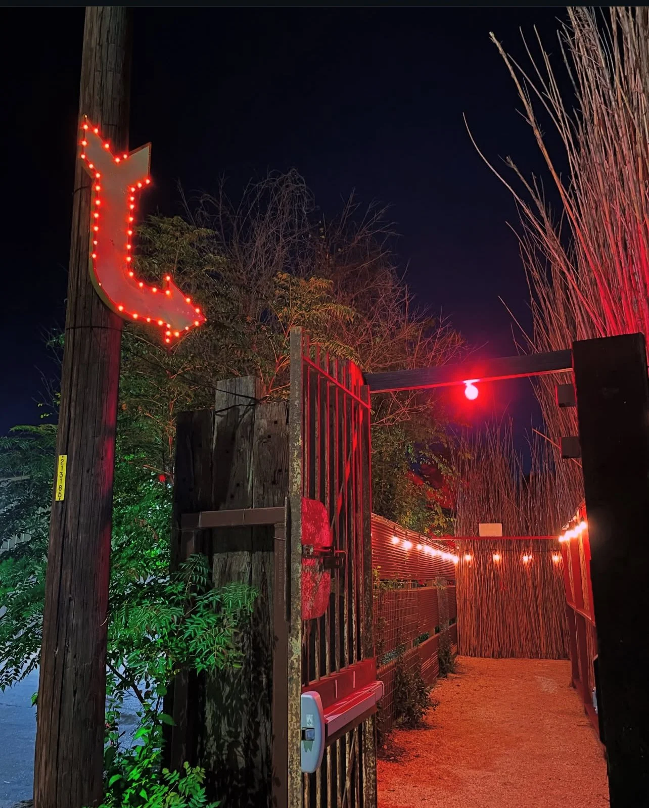 The red illuminated arrow guiding visitors into Fortune Teller at night